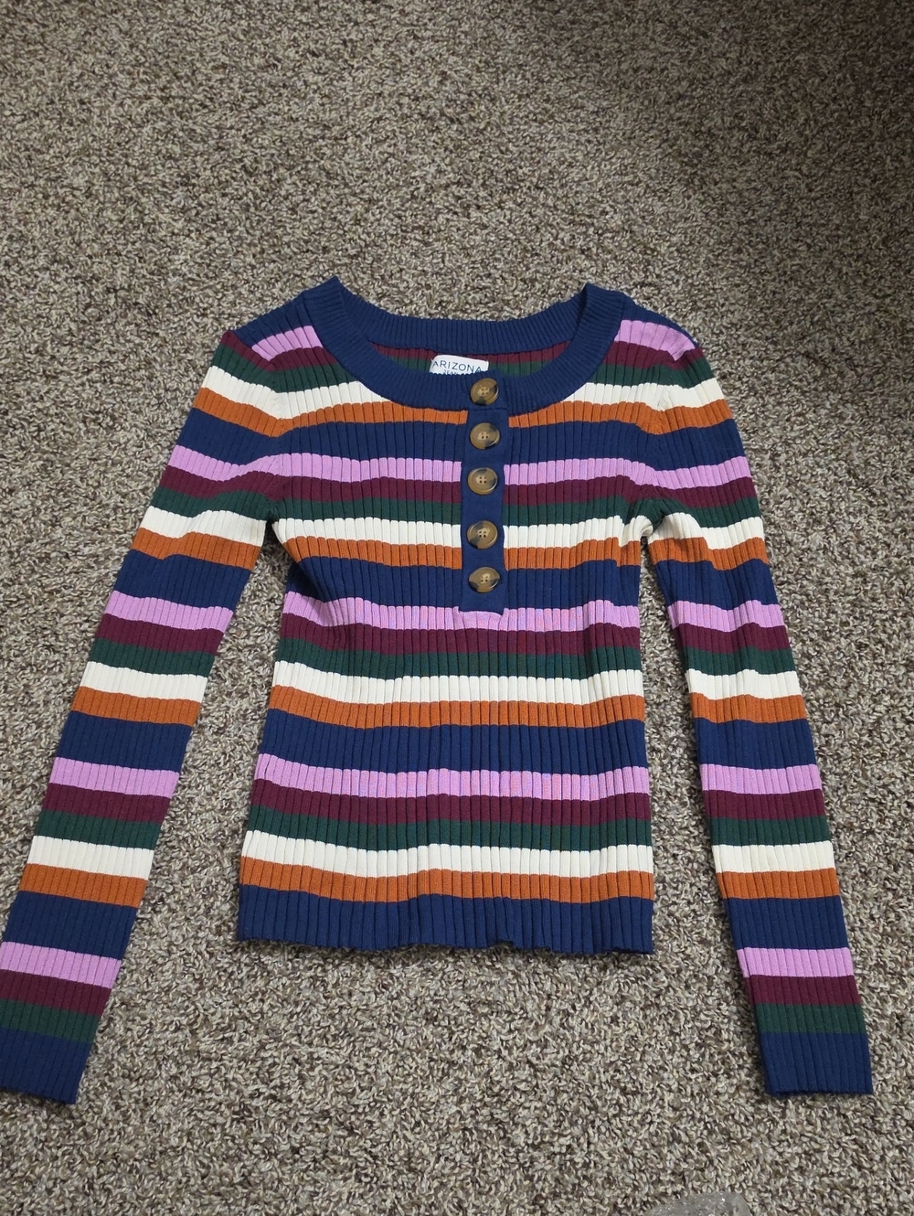 Arizona Jean Company Navy, Pink, Green & Rust Striped Ribbed Long Sleeve Top